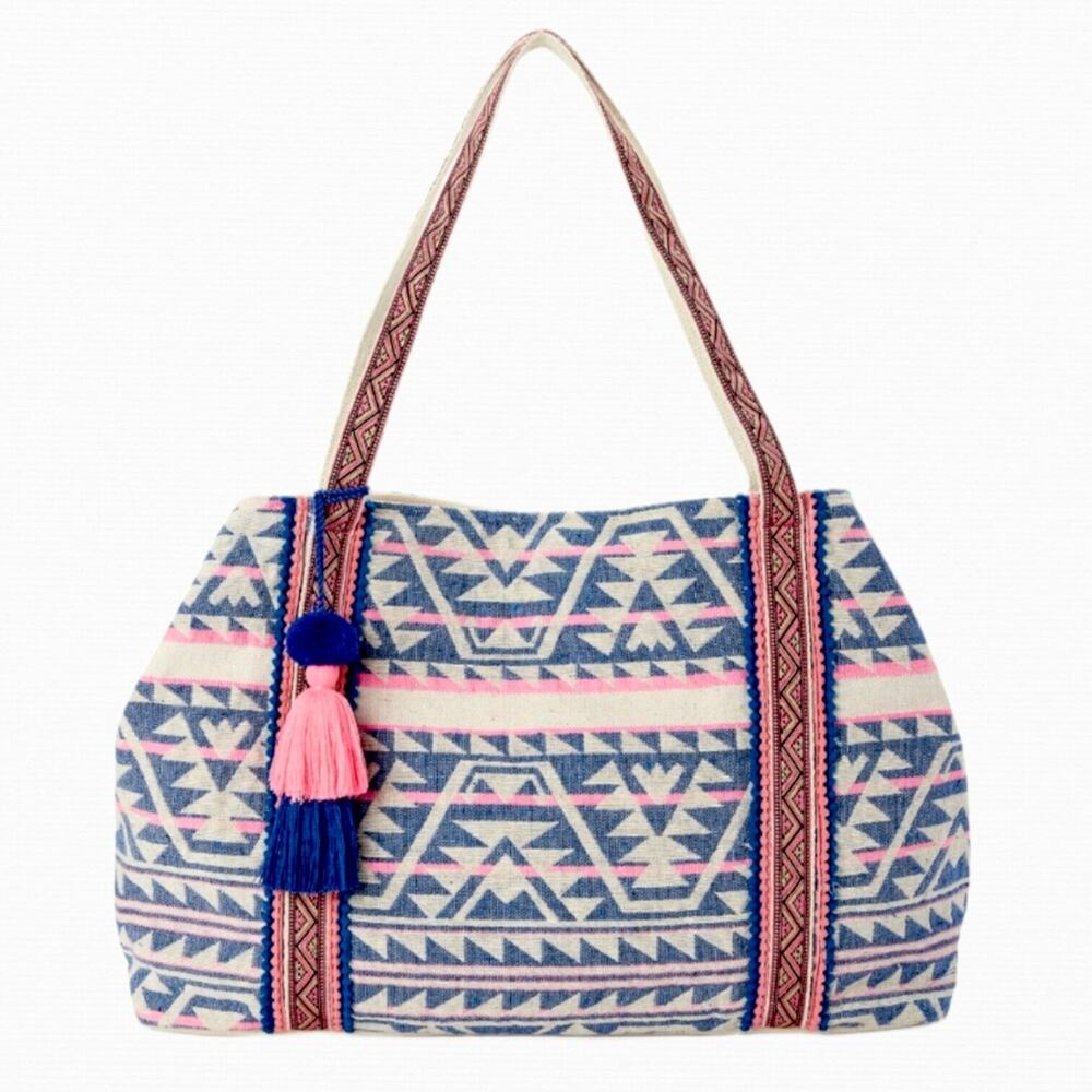 Women's Woven Beach Tote Bag Pink Aztec with Tassels